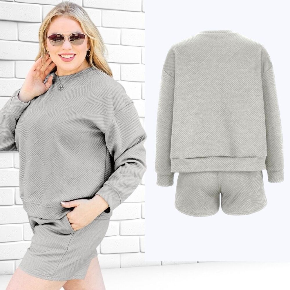 Boutique Gray Textured Long Sleeve Top & Shorts Lounge Set | Plus Size | NWT - Picture 2 of 12